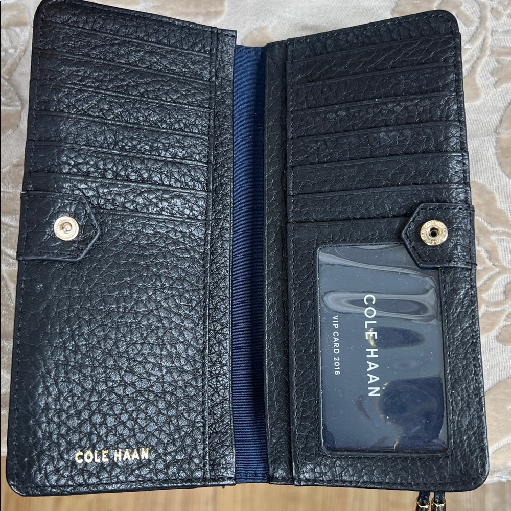 Cole Haan Black Leather Zip Wallet with Gold Logo - Picture 3 of 5